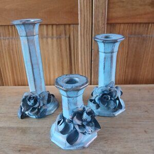 Set of 3 turquoise/gold tone vintage pottery candleholders